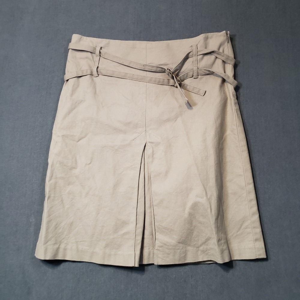 Parallel Knee Length Skirt Womens 10 Beige Belted Inverted Pleat Cotton Spandex